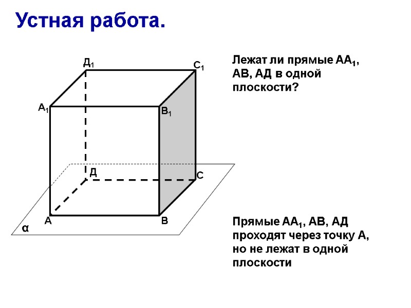 Устная работа. А В С Д А1 В1 С1 Д1 α Прямые АА1, АВ,